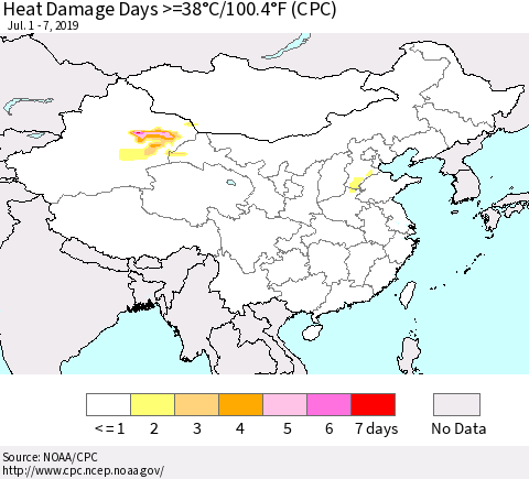 China, Mongolia and Taiwan Heat Damage Days >=38°C/100°F (CPC) Thematic Map For 7/1/2019 - 7/7/2019