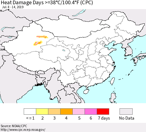 China and Taiwan Heat Damage Days >=38°C/100.4°F (CPC) Thematic Map For 7/8/2019 - 7/14/2019