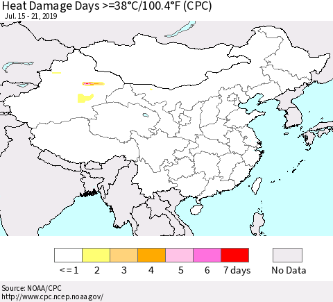 China, Mongolia and Taiwan Heat Damage Days >=38°C/100°F (CPC) Thematic Map For 7/15/2019 - 7/21/2019