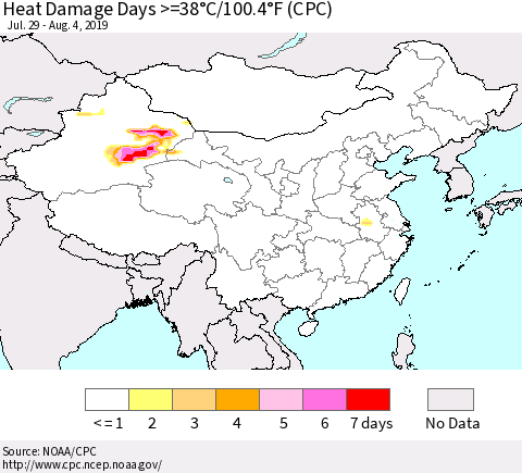 China and Taiwan Heat Damage Days >=38°C/100.4°F (CPC) Thematic Map For 7/29/2019 - 8/4/2019