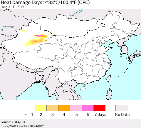 China and Taiwan Heat Damage Days >=38°C/100.4°F (CPC) Thematic Map For 8/5/2019 - 8/11/2019