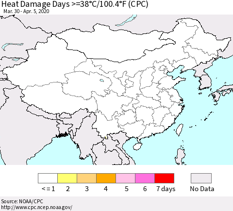 China, Mongolia and Taiwan Heat Damage Days >=38°C/100°F (CPC) Thematic Map For 3/30/2020 - 4/5/2020