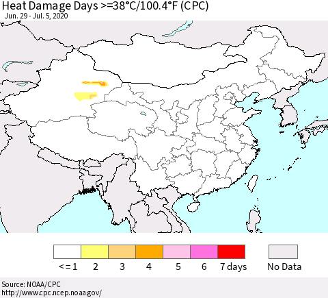 China, Mongolia and Taiwan Heat Damage Days >=38°C/100°F (CPC) Thematic Map For 6/29/2020 - 7/5/2020