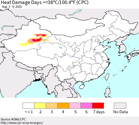China, Mongolia and Taiwan Heat Damage Days >=38°C/100°F (CPC) Thematic Map For 8/3/2020 - 8/9/2020