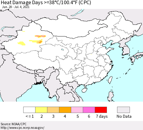 China, Mongolia and Taiwan Heat Damage Days >=38°C/100°F (CPC) Thematic Map For 6/28/2021 - 7/4/2021