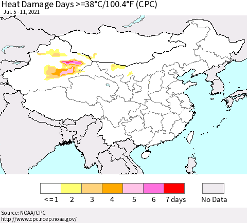 China, Mongolia and Taiwan Heat Damage Days >=38°C/100°F (CPC) Thematic Map For 7/5/2021 - 7/11/2021