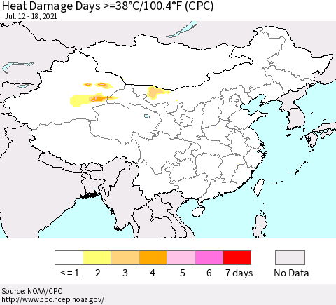 China, Mongolia and Taiwan Heat Damage Days >=38°C/100°F (CPC) Thematic Map For 7/12/2021 - 7/18/2021