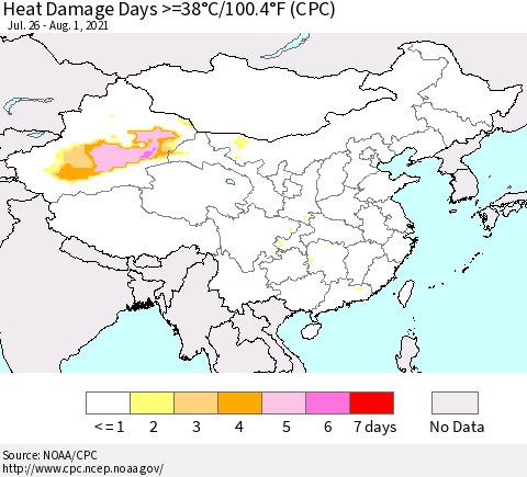 China, Mongolia and Taiwan Heat Damage Days >=38°C/100°F (CPC) Thematic Map For 7/26/2021 - 8/1/2021