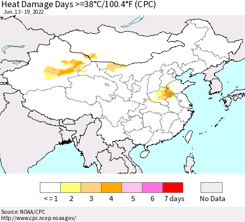 China, Mongolia and Taiwan Heat Damage Days >=38°C/100°F (CPC) Thematic Map For 6/13/2022 - 6/19/2022
