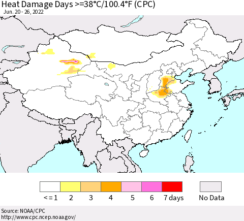 China, Mongolia and Taiwan Heat Damage Days >=38°C/100°F (CPC) Thematic Map For 6/20/2022 - 6/26/2022