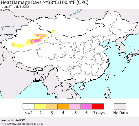 China, Mongolia and Taiwan Heat Damage Days >=38°C/100°F (CPC) Thematic Map For 6/27/2022 - 7/3/2022