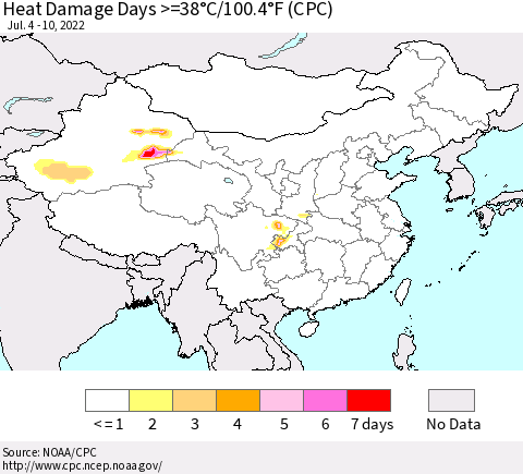 China, Mongolia and Taiwan Heat Damage Days >=38°C/100°F (CPC) Thematic Map For 7/4/2022 - 7/10/2022