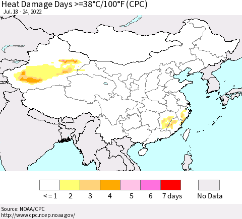 China, Mongolia and Taiwan Heat Damage Days >=38°C/100°F (CPC) Thematic Map For 7/18/2022 - 7/24/2022