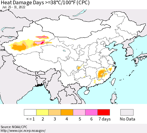 China, Mongolia and Taiwan Heat Damage Days >=38°C/100°F (CPC) Thematic Map For 7/25/2022 - 7/31/2022