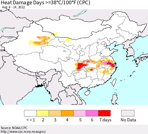 China, Mongolia and Taiwan Heat Damage Days >=38°C/100°F (CPC) Thematic Map For 8/8/2022 - 8/14/2022