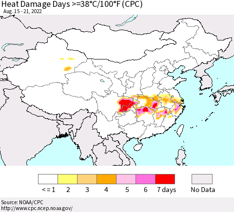 China, Mongolia and Taiwan Heat Damage Days >=38°C/100°F (CPC) Thematic Map For 8/15/2022 - 8/21/2022