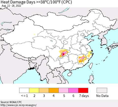 China, Mongolia and Taiwan Heat Damage Days >=38°C/100°F (CPC) Thematic Map For 8/22/2022 - 8/28/2022