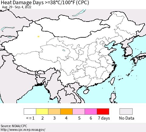 China, Mongolia and Taiwan Heat Damage Days >=38°C/100°F (CPC) Thematic Map For 8/29/2022 - 9/4/2022