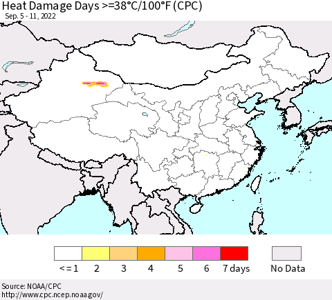China, Mongolia and Taiwan Heat Damage Days >=38°C/100°F (CPC) Thematic Map For 9/5/2022 - 9/11/2022
