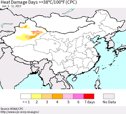 China, Mongolia and Taiwan Heat Damage Days >=38°C/100°F (CPC) Thematic Map For 6/5/2023 - 6/11/2023