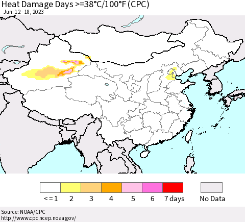 China, Mongolia and Taiwan Heat Damage Days >=38°C/100°F (CPC) Thematic Map For 6/12/2023 - 6/18/2023