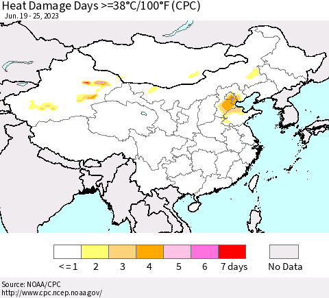 China, Mongolia and Taiwan Heat Damage Days >=38°C/100°F (CPC) Thematic Map For 6/19/2023 - 6/25/2023
