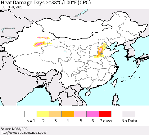 China, Mongolia and Taiwan Heat Damage Days >=38°C/100°F (CPC) Thematic Map For 7/3/2023 - 7/9/2023