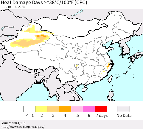 China, Mongolia and Taiwan Heat Damage Days >=38°C/100°F (CPC) Thematic Map For 7/10/2023 - 7/16/2023