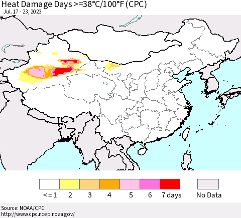 China, Mongolia and Taiwan Heat Damage Days >=38°C/100°F (CPC) Thematic Map For 7/17/2023 - 7/23/2023