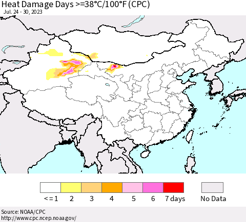 China, Mongolia and Taiwan Heat Damage Days >=38°C/100°F (CPC) Thematic Map For 7/24/2023 - 7/30/2023