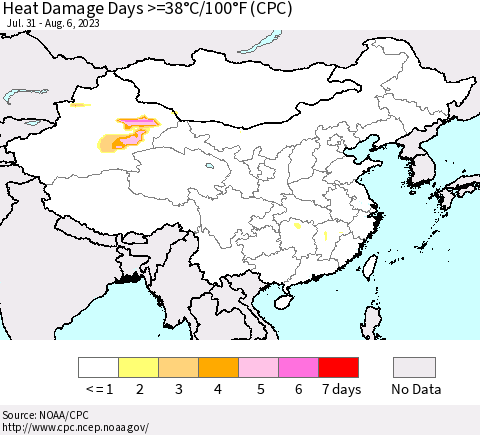China, Mongolia and Taiwan Heat Damage Days >=38°C/100°F (CPC) Thematic Map For 7/31/2023 - 8/6/2023