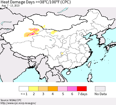 China, Mongolia and Taiwan Heat Damage Days >=38°C/100°F (CPC) Thematic Map For 8/7/2023 - 8/13/2023