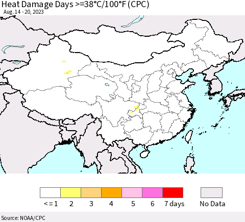 China, Mongolia and Taiwan Heat Damage Days >=38°C/100°F (CPC) Thematic Map For 8/14/2023 - 8/20/2023