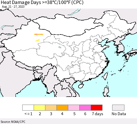 China, Mongolia and Taiwan Heat Damage Days >=38°C/100°F (CPC) Thematic Map For 8/21/2023 - 8/27/2023