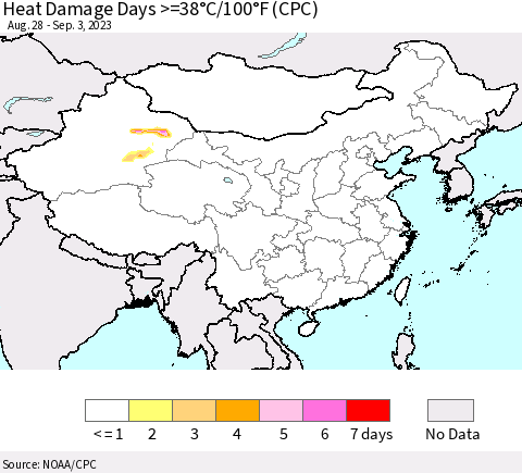 China, Mongolia and Taiwan Heat Damage Days >=38°C/100°F (CPC) Thematic Map For 8/28/2023 - 9/3/2023
