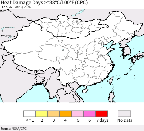 China, Mongolia and Taiwan Heat Damage Days >=38°C/100°F (CPC) Thematic Map For 2/26/2024 - 3/3/2024