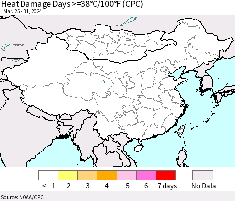 China, Mongolia and Taiwan Heat Damage Days >=38°C/100°F (CPC) Thematic Map For 3/25/2024 - 3/31/2024