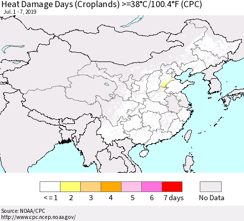 China, Mongolia and Taiwan Heat Damage Days (Croplands) >=38°C/100°F (CPC) Thematic Map For 7/1/2019 - 7/7/2019