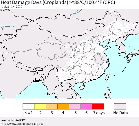China, Mongolia and Taiwan Heat Damage Days (Croplands) >=38°C/100°F (CPC) Thematic Map For 7/8/2019 - 7/14/2019