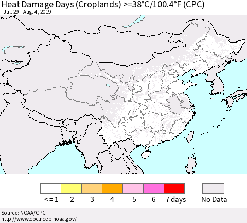 China and Taiwan Heat Damage Days (Croplands) >=38°C/100.4°F (CPC) Thematic Map For 7/29/2019 - 8/4/2019