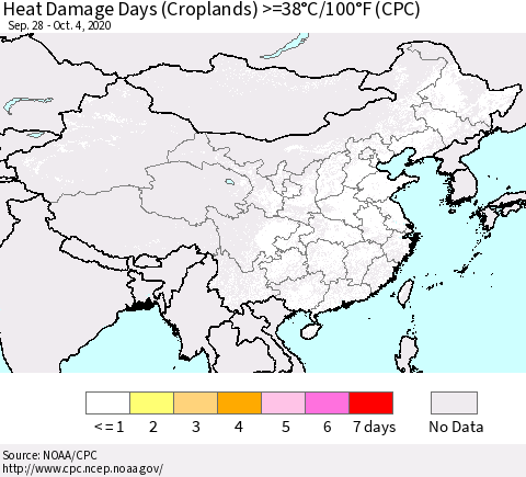 China, Mongolia and Taiwan Heat Damage Days (Croplands) >=38°C/100°F (CPC) Thematic Map For 9/28/2020 - 10/4/2020