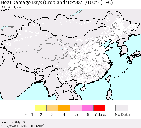 China, Mongolia and Taiwan Heat Damage Days (Croplands) >=38°C/100°F (CPC) Thematic Map For 10/5/2020 - 10/11/2020