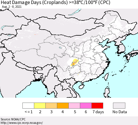 China, Mongolia and Taiwan Heat Damage Days (Croplands) >=38°C/100°F (CPC) Thematic Map For 8/2/2021 - 8/8/2021