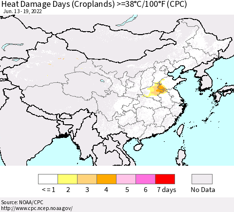 China, Mongolia and Taiwan Heat Damage Days (Croplands) >=38°C/100°F (CPC) Thematic Map For 6/13/2022 - 6/19/2022
