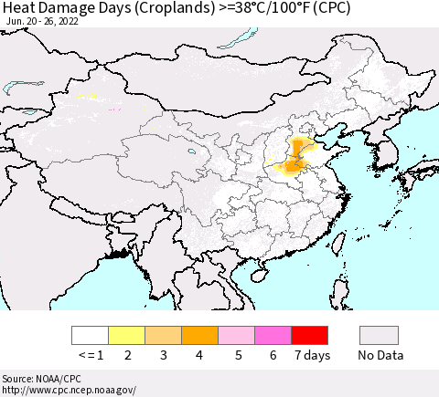 China, Mongolia and Taiwan Heat Damage Days (Croplands) >=38°C/100°F (CPC) Thematic Map For 6/20/2022 - 6/26/2022