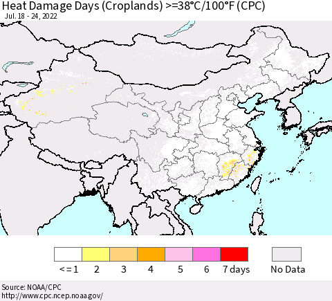 China, Mongolia and Taiwan Heat Damage Days (Croplands) >=38°C/100°F (CPC) Thematic Map For 7/18/2022 - 7/24/2022