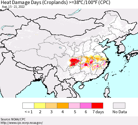 China, Mongolia and Taiwan Heat Damage Days (Croplands) >=38°C/100°F (CPC) Thematic Map For 8/15/2022 - 8/21/2022