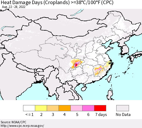 China, Mongolia and Taiwan Heat Damage Days (Croplands) >=38°C/100°F (CPC) Thematic Map For 8/22/2022 - 8/28/2022
