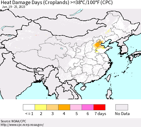 China, Mongolia and Taiwan Heat Damage Days (Croplands) >=38°C/100°F (CPC) Thematic Map For 6/19/2023 - 6/25/2023