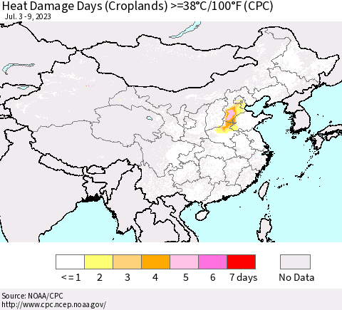 China, Mongolia and Taiwan Heat Damage Days (Croplands) >=38°C/100°F (CPC) Thematic Map For 7/3/2023 - 7/9/2023